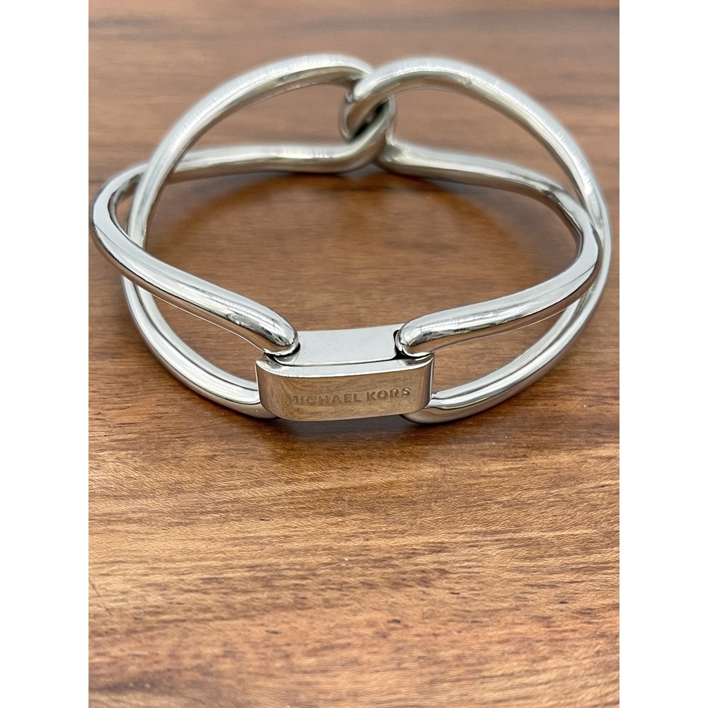 Michael Kors Silver Tone Knot Bracelet Hinged Bangle Signed Minimalist Statement